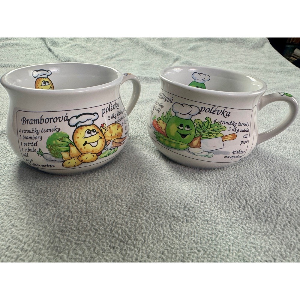 Vintage Paolo Roncci‎ Italia Soup Mugs Set of 2 Potato Pea Recipe Ceramic Mugs
